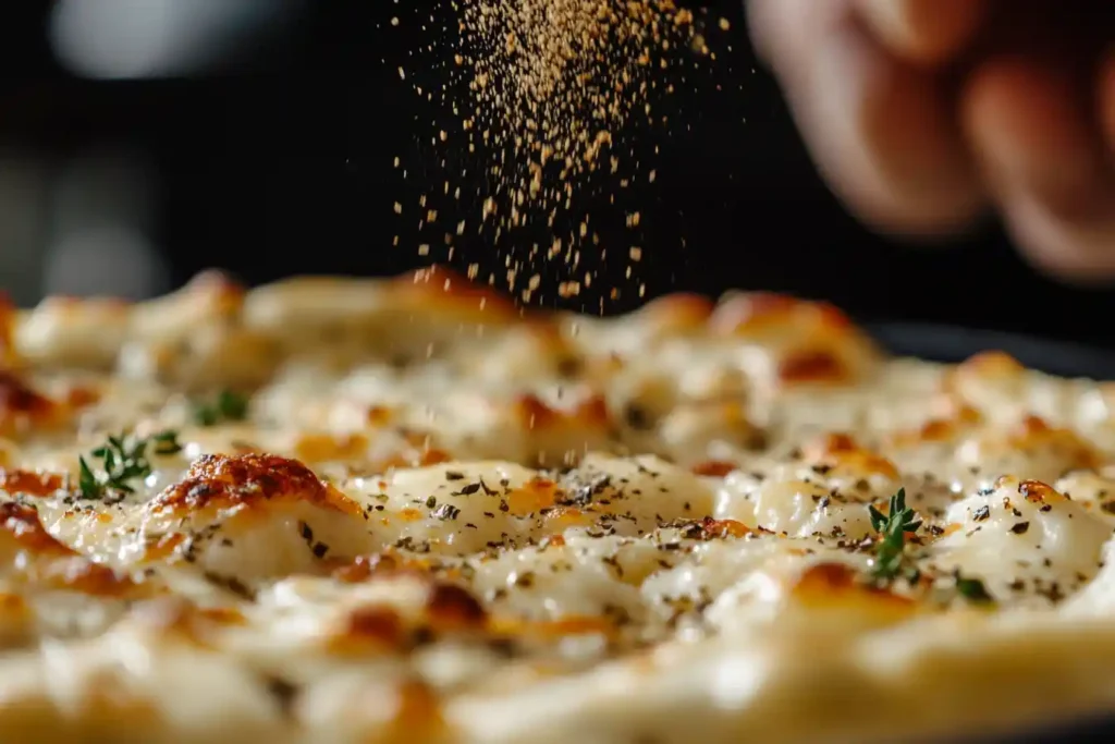 Adding seasoning to cottage cheese pizza bowl