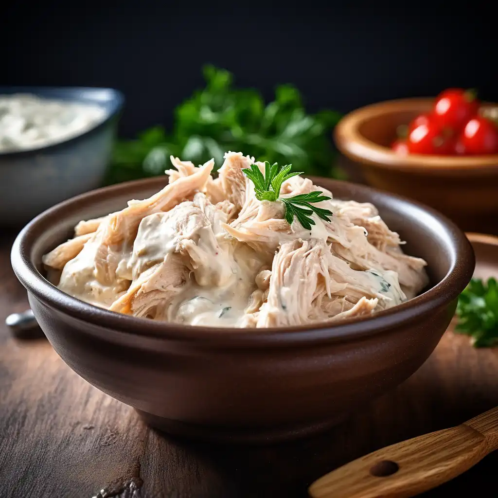 A bowl of shredded chicken mixed with mayonnaise.