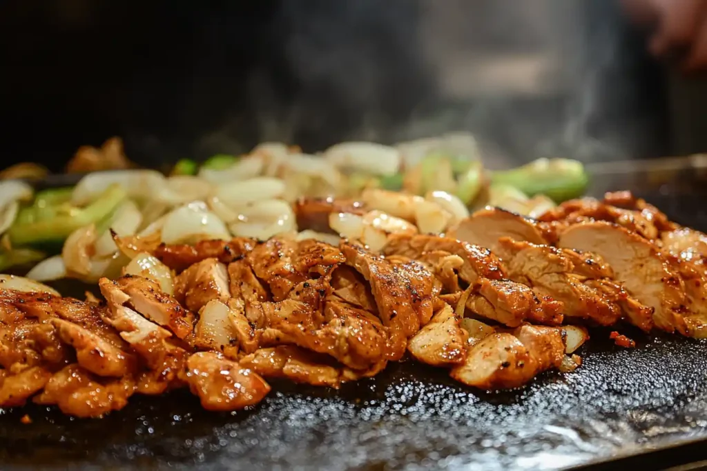 Sliced chicken cooking for a cheesesteak.