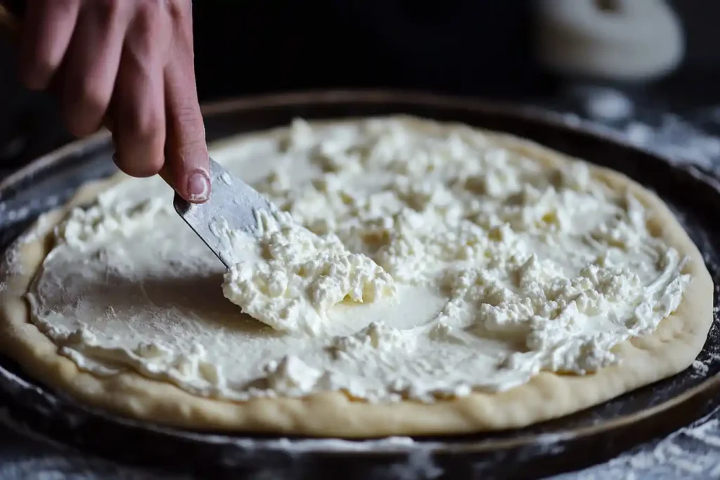 Spreading cottage cheese on pizza dough