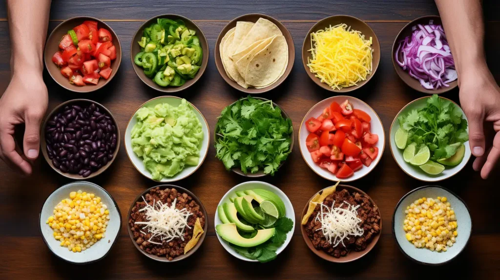 Step-by-step process of assembling a taco bowl, starting with shell, rice, beans, and adding vegetables	