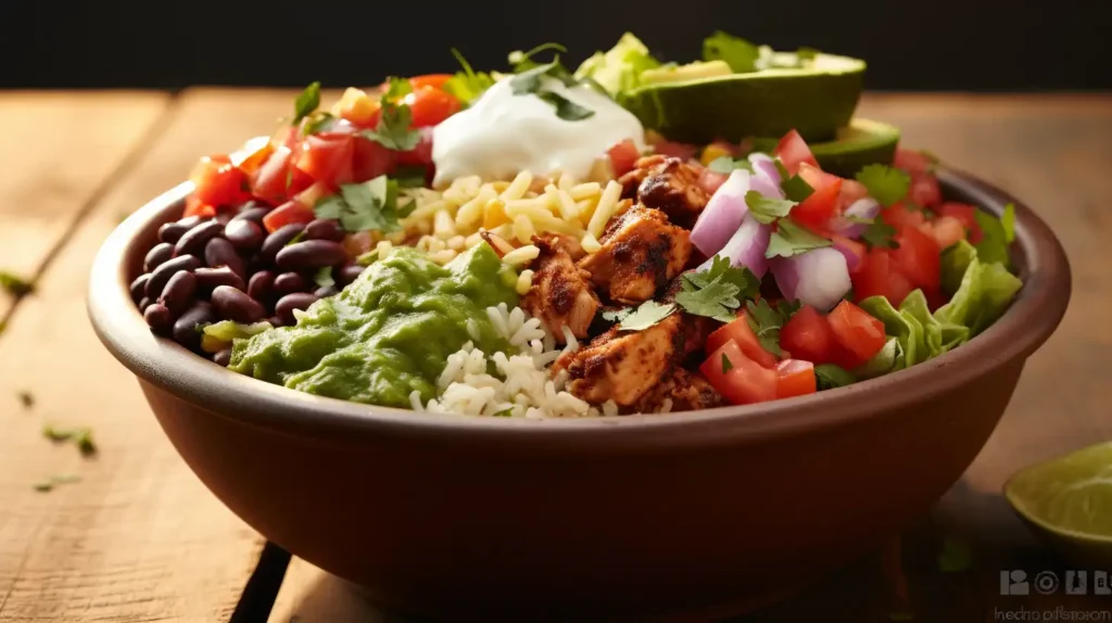 Taco Bell Power Bowl on a wooden table with chicken, rice, beans, lettuce, tomatoes, cheese, sour cream, and avocado slices