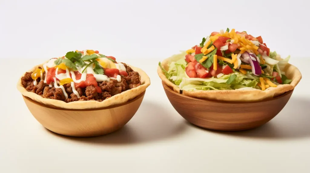 A tostada and a taco bowl side by side, highlighting their differences in structure and presentation.