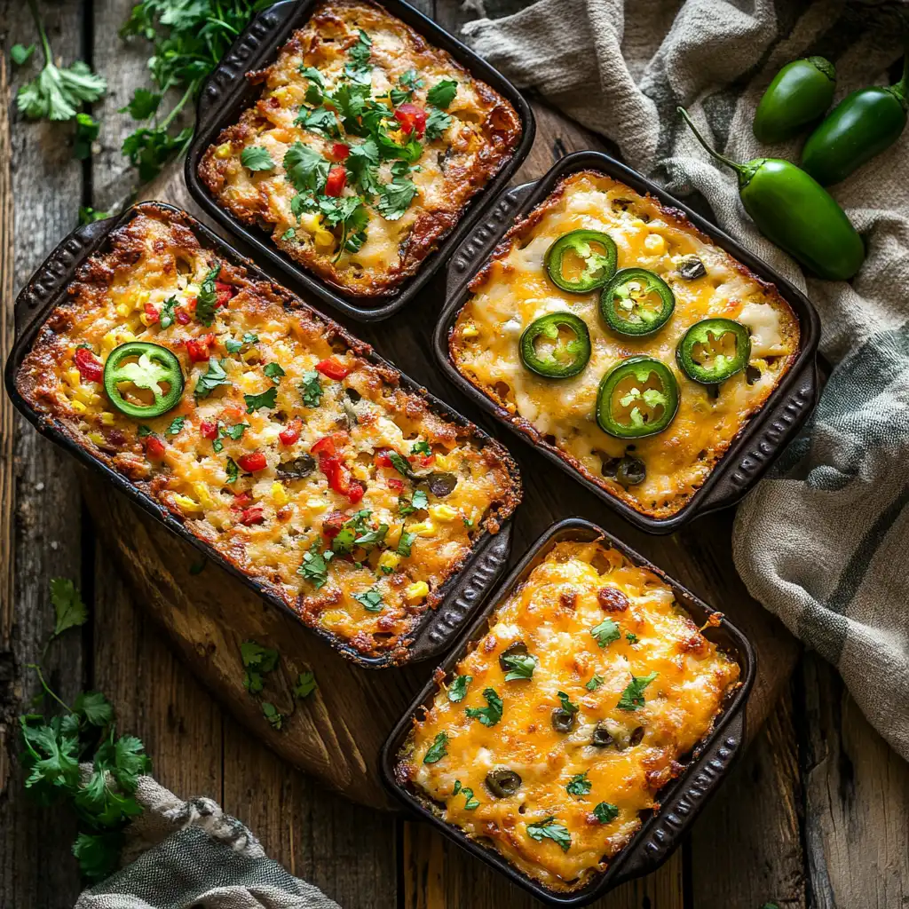 Three variations of Mexican Cornbread Casserole: vegetarian, extra cheesy, and spicy jalapeño versions.	