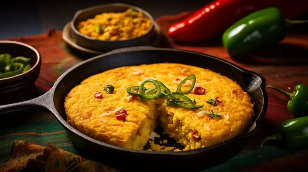 A cast-iron skillet with golden-brown Mexican cornbread, topped with jalapeños and cheddar cheese.