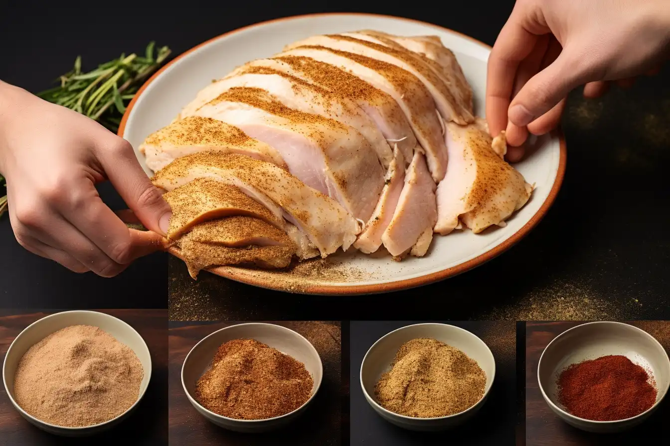 A turkey breast being seasoned with dry rub and marinade, surrounded by ingredients like paprika, garlic powder, and pepper in small bowls, with gloved hands spreading the seasoning on a wooden cutting board.