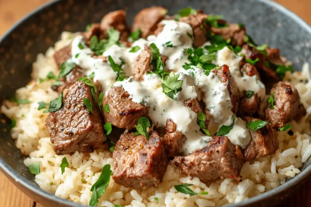 Lamb over rice close-up