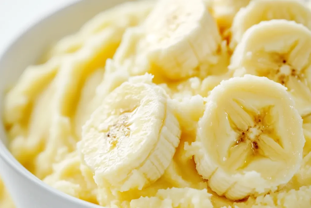 Mashed bananas in bowl, ready to use.