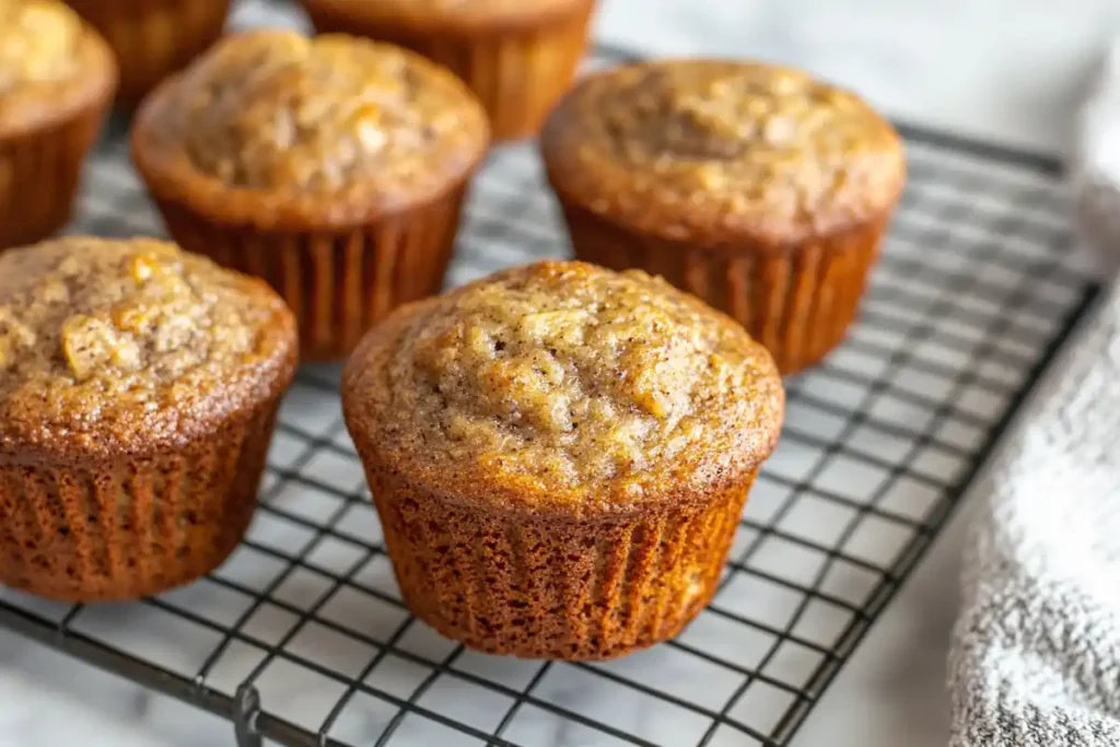 Banana bread muffins cooling on rack.