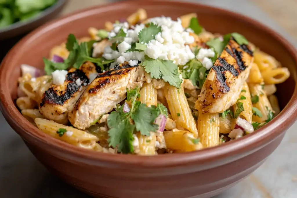 Elote pasta salad with chicken