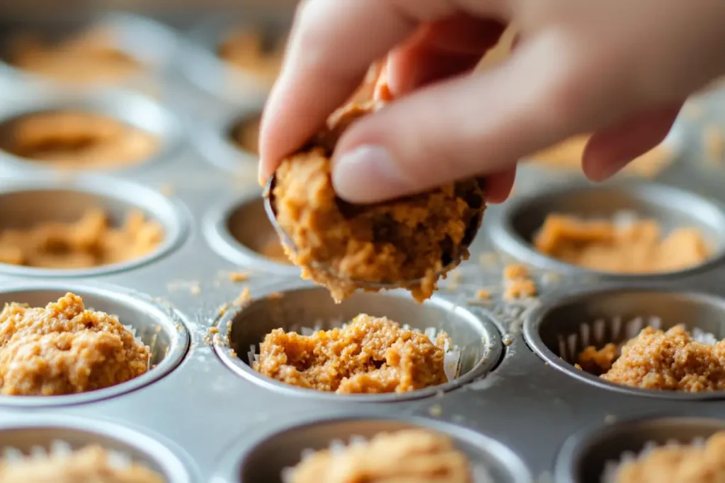 Pumpkin Banana Muffins being placed in muffin tin.