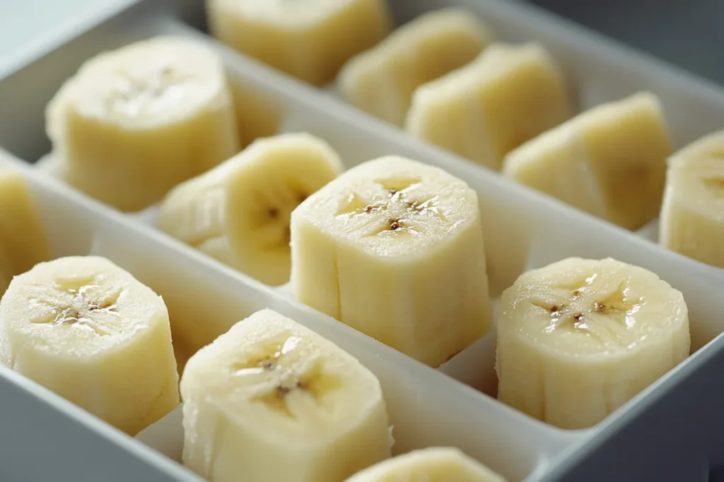 Frozen mashed bananas cubes in a tray.