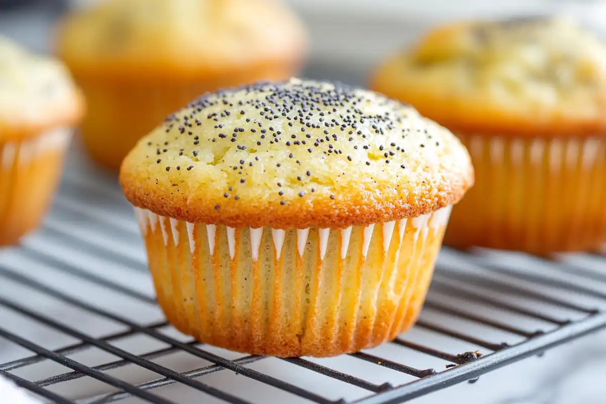 Lemon poppy seed muffin close up.