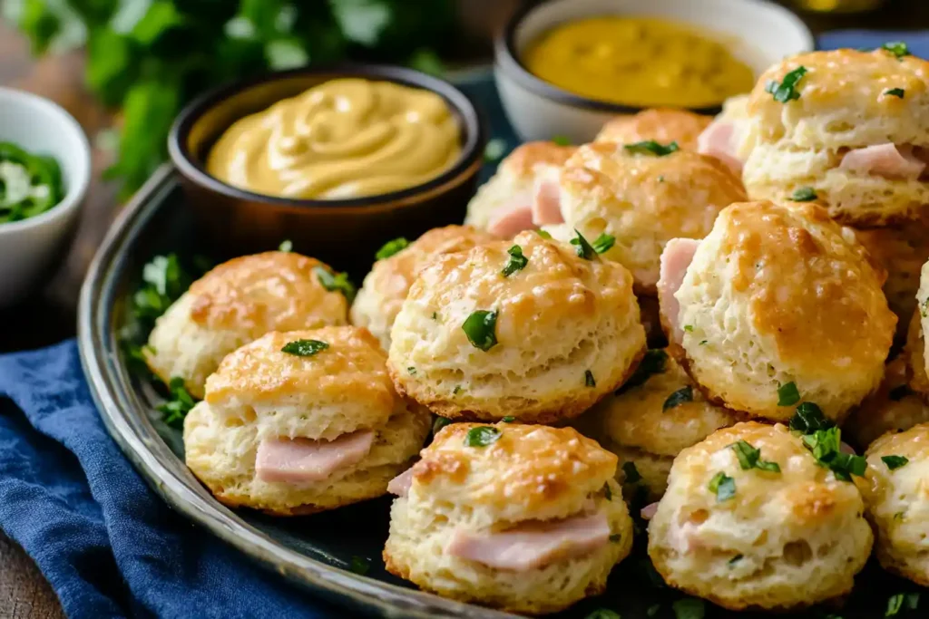 A platter of ham and jalapeno biscuits with dipping sauces.