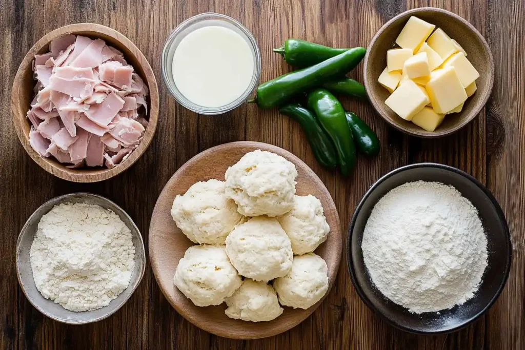 Close-up of ham and jalapeno biscuits ingredients.