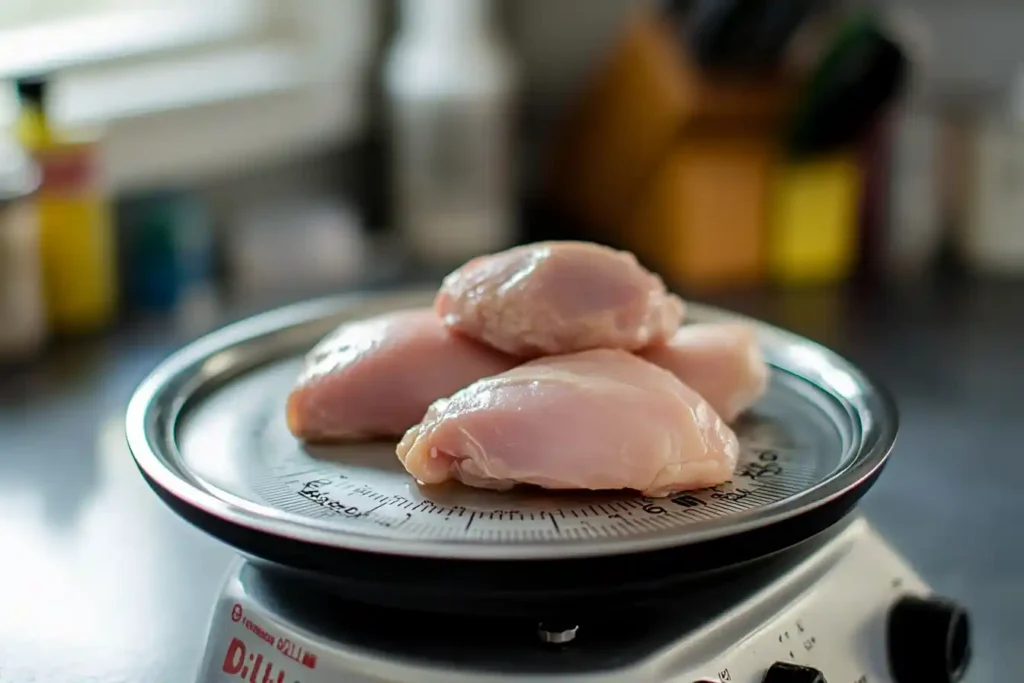 Scale measuring 1lb of chicken breast