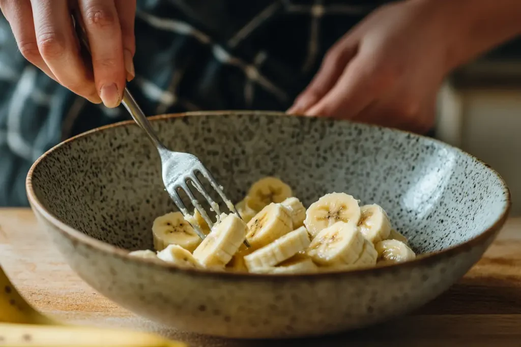 Person mashing bananas with a fork.