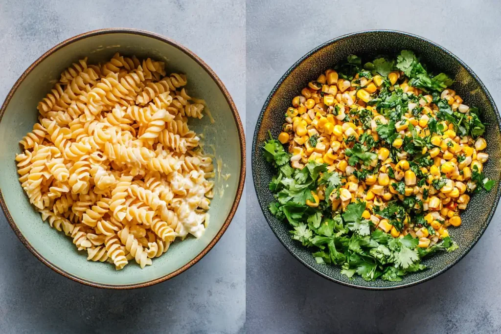 Preparing elote pasta salad