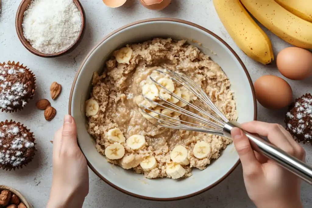 Preparing banana muffins batter.