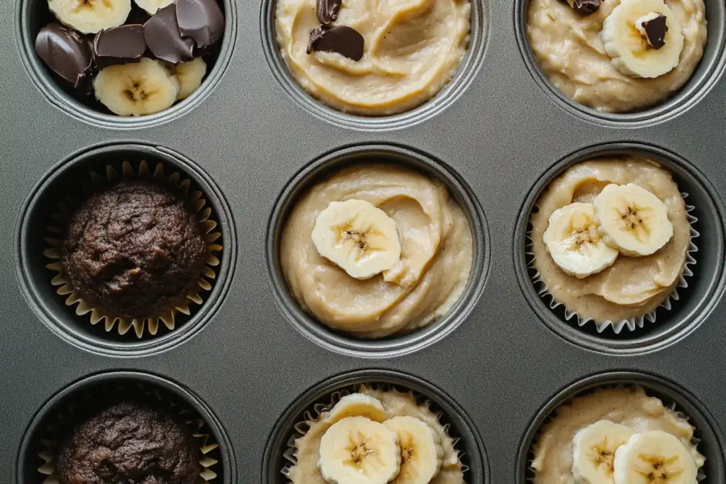 Muffin tin filled with banana cupcakes batter.