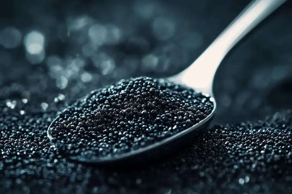 Poppy seeds spilling from a spoon.