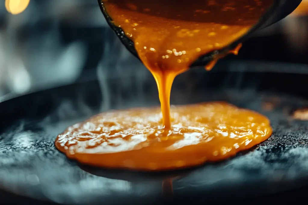 Batter being poured to make waffles