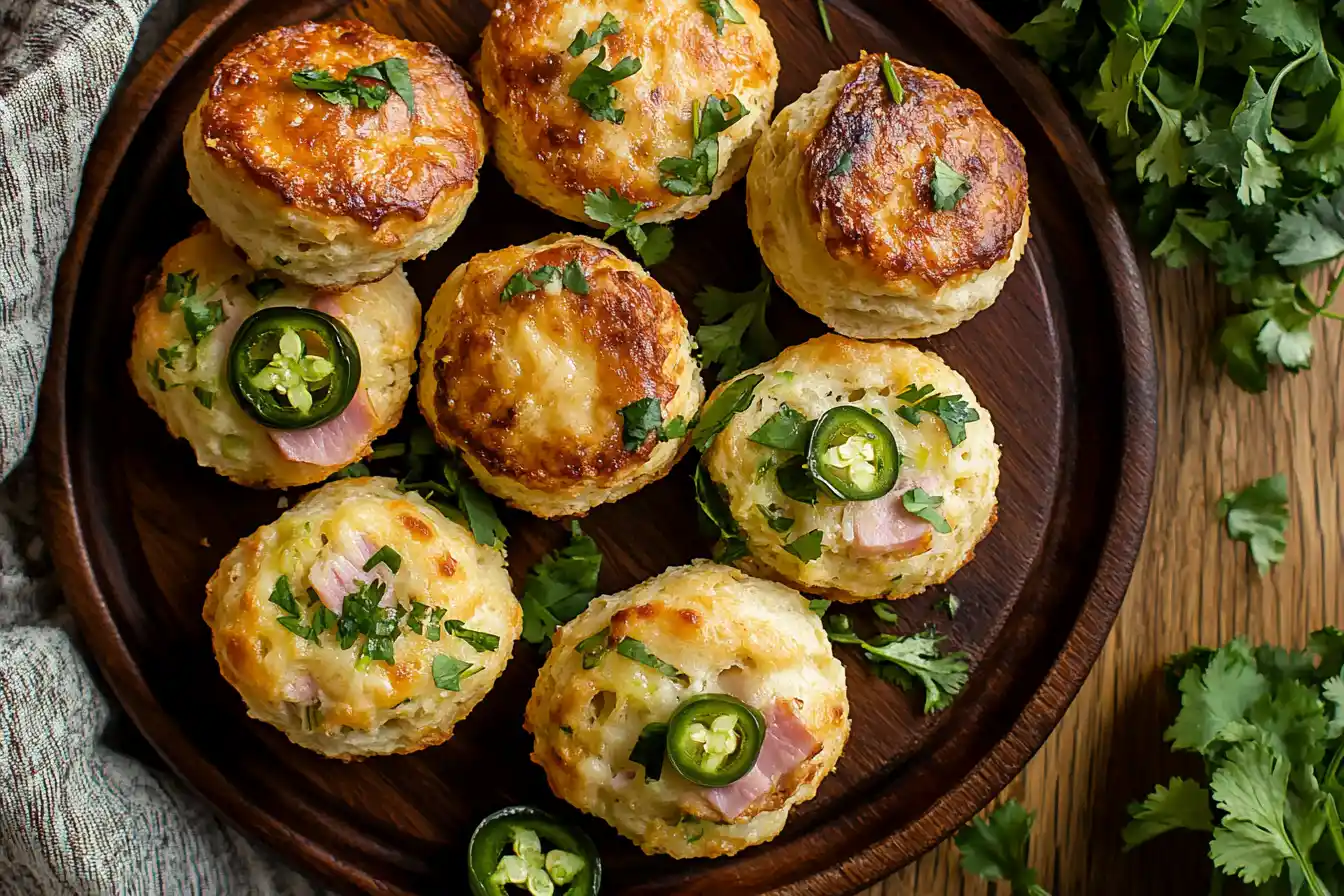 Ham and jalapeno biscuits on a rustic plate.