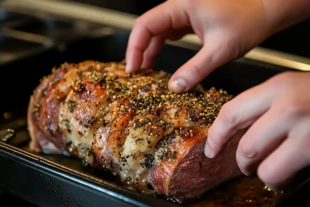 Seasoning lamb roast for flavor.