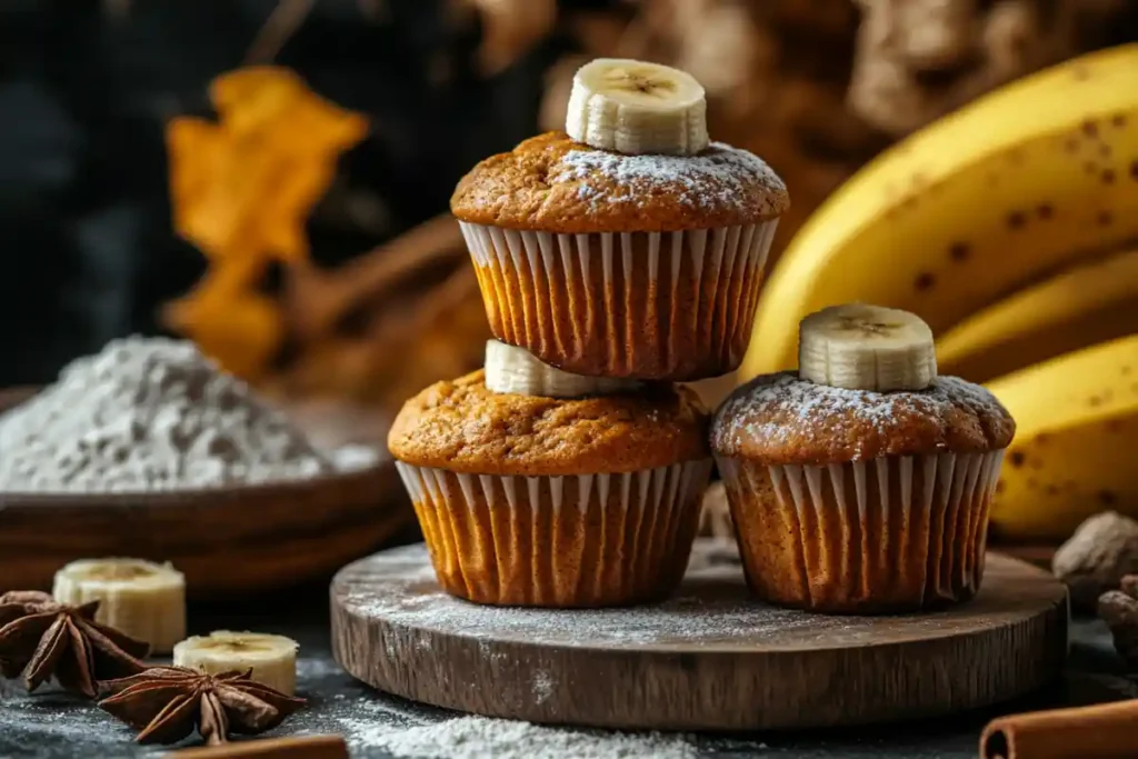 Pumpkin Banana Muffins stack with ingredients nearby