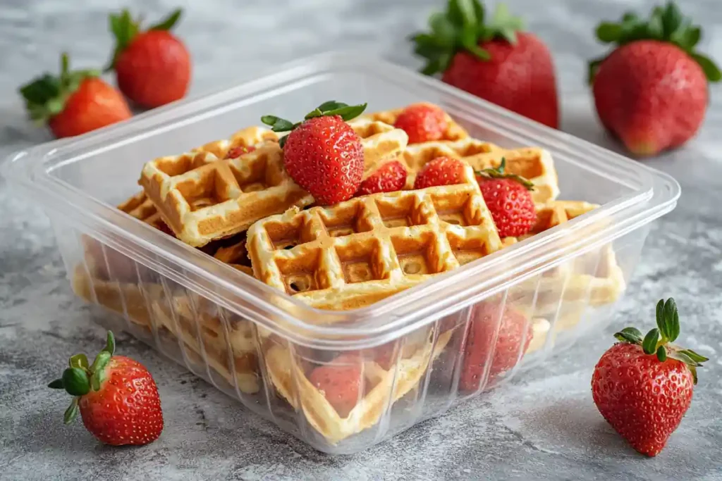 Stored strawberry waffles in container