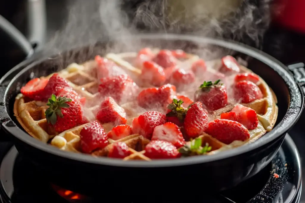 Cooking strawberry waffles in waffle iron