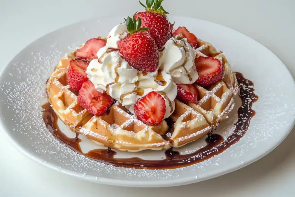 Served strawberry waffles with toppings