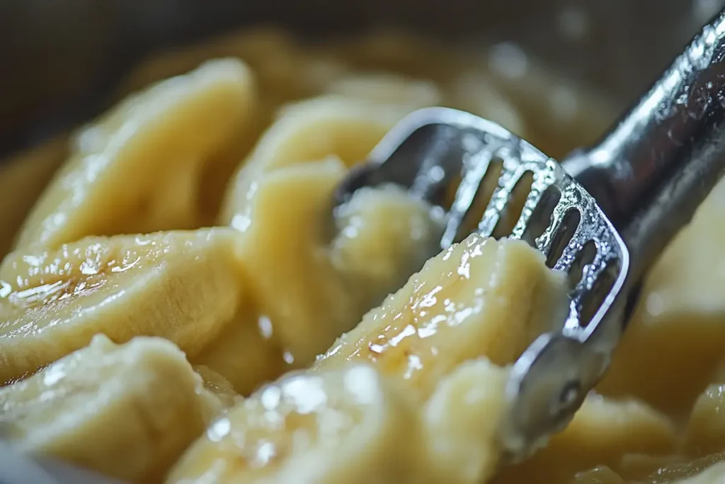 Potato masher mashing bananas.