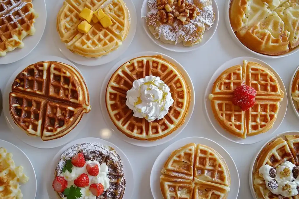 Different waffle types showing how many waffles this recipe make